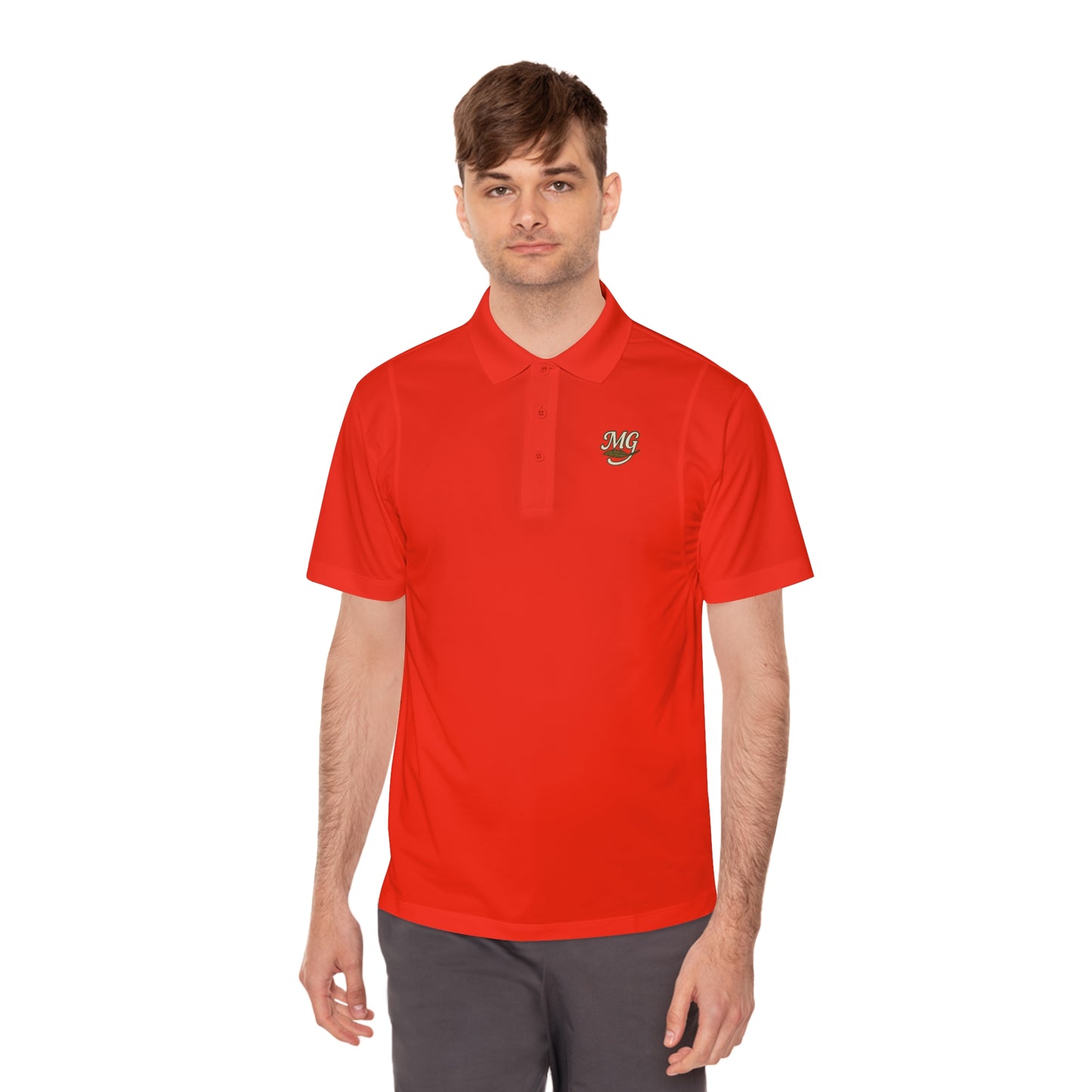 Men's White Sport Polo Shirt with Green "MG" Crest — Athletic Golf & Casual Wear