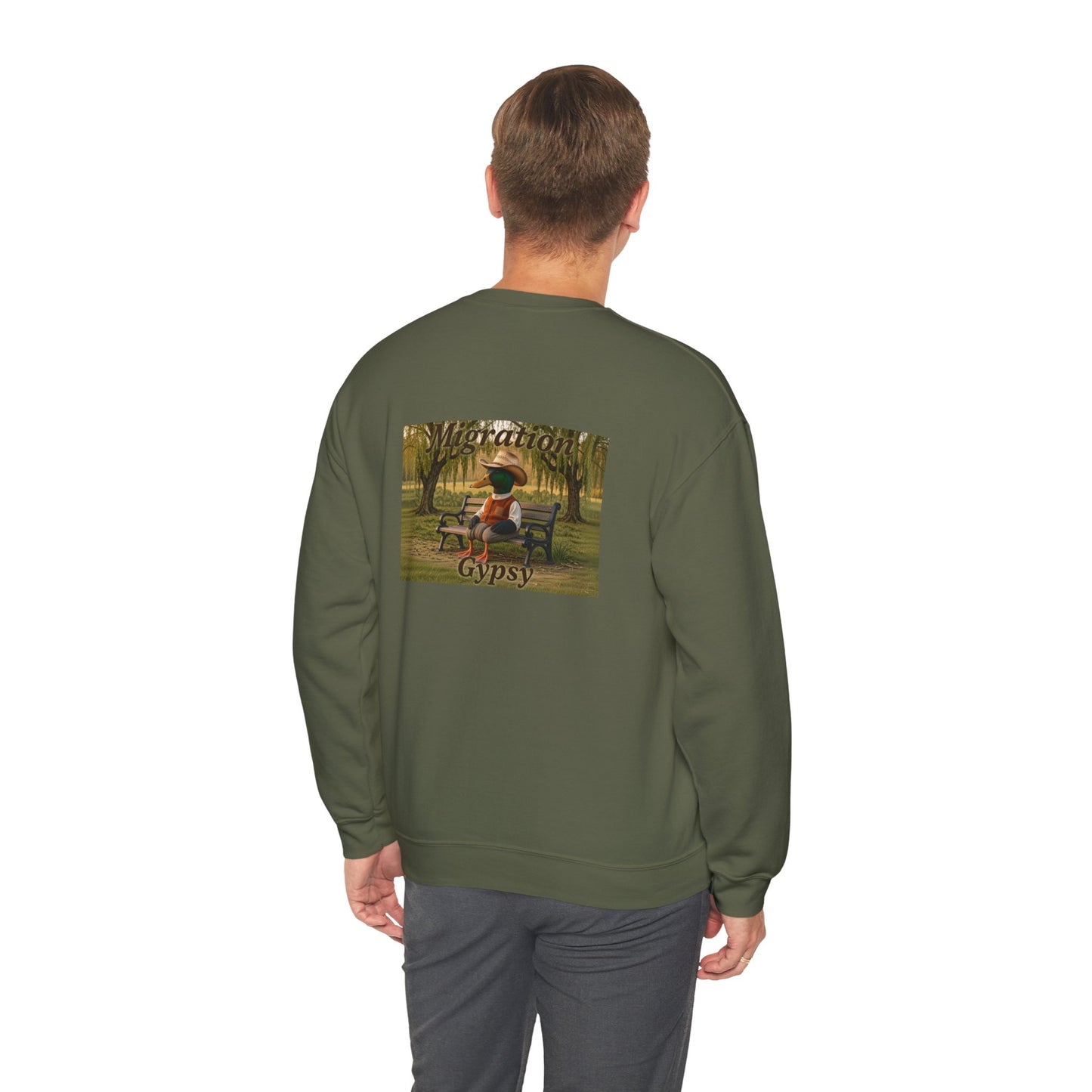 Unisex Migration Gypsy Sweatshirt | Park Bench Mossy Forest Scene