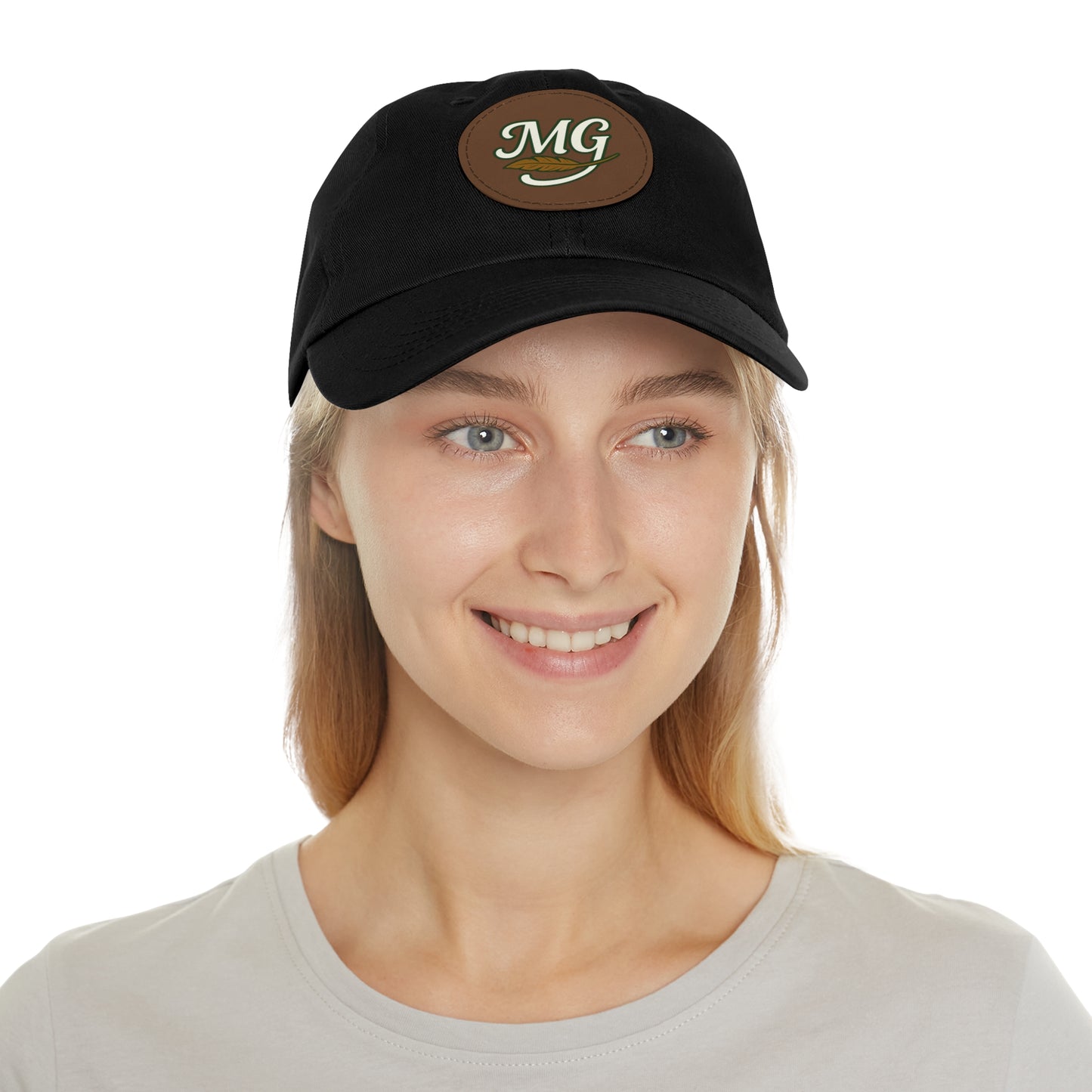MG Leather Patch Dad Hat — Monogrammed Vintage Leaf Baseball Cap