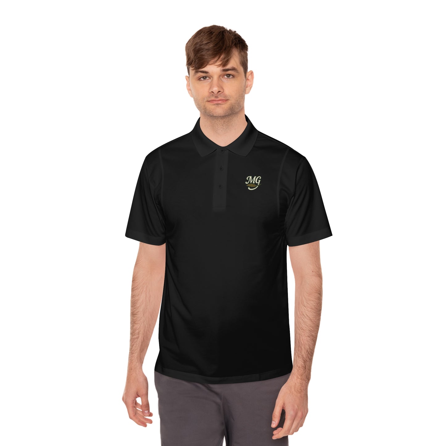 Men's White Sport Polo Shirt with Green "MG" Crest — Athletic Golf & Casual Wear