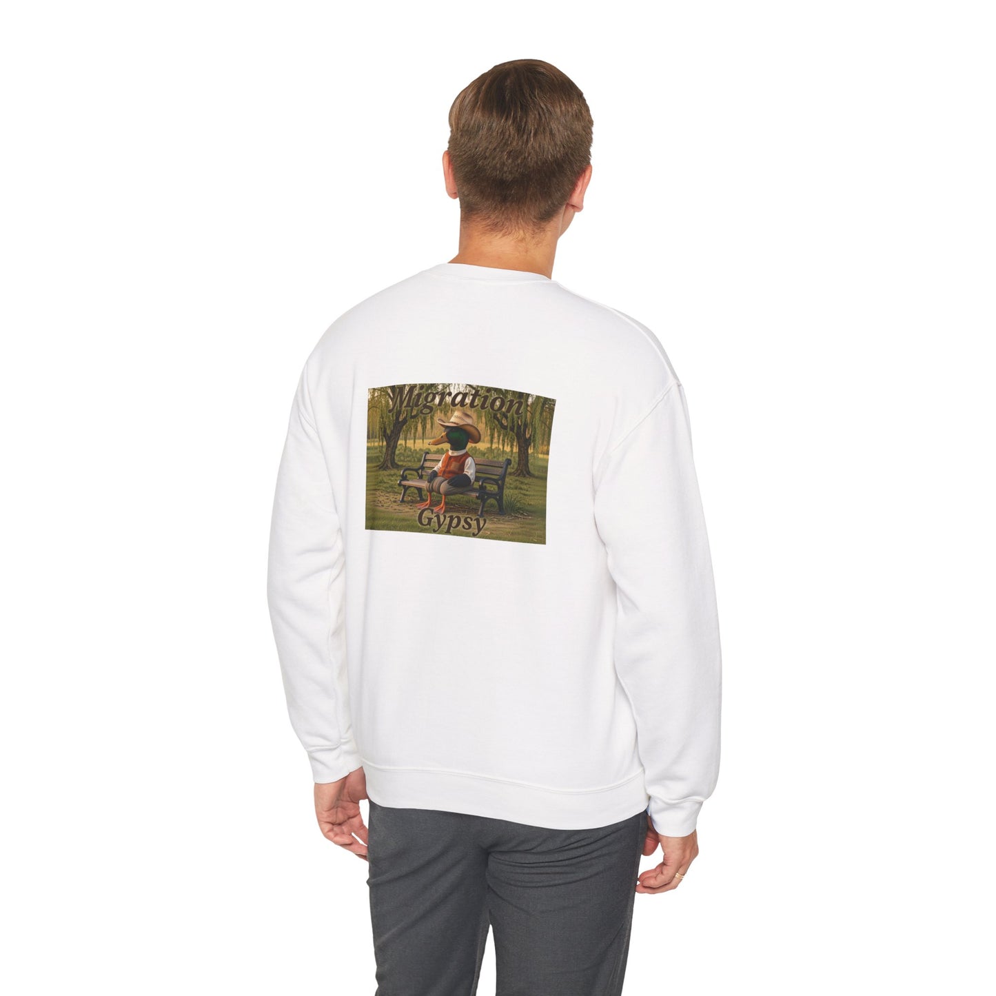 Unisex Migration Gypsy Sweatshirt | Park Bench Mossy Forest Scene