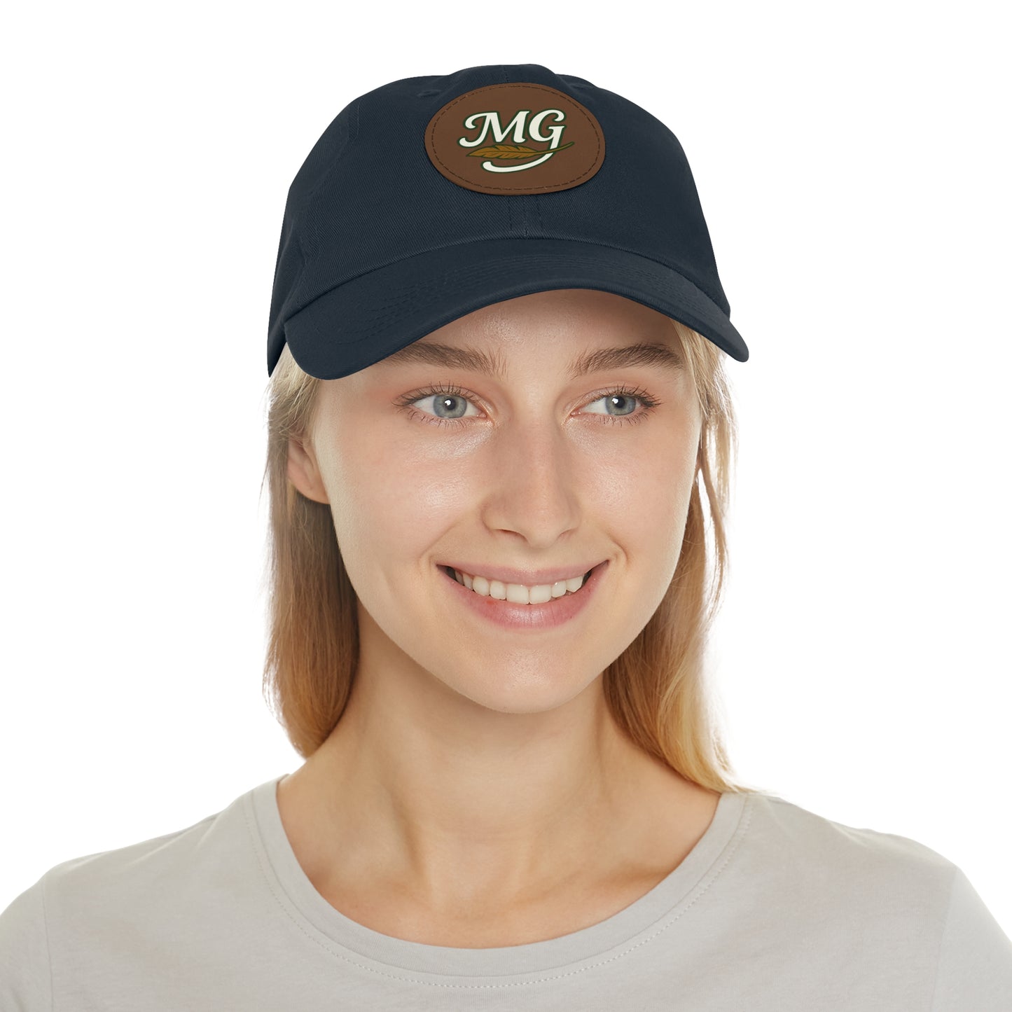 MG Leather Patch Dad Hat — Monogrammed Vintage Leaf Baseball Cap