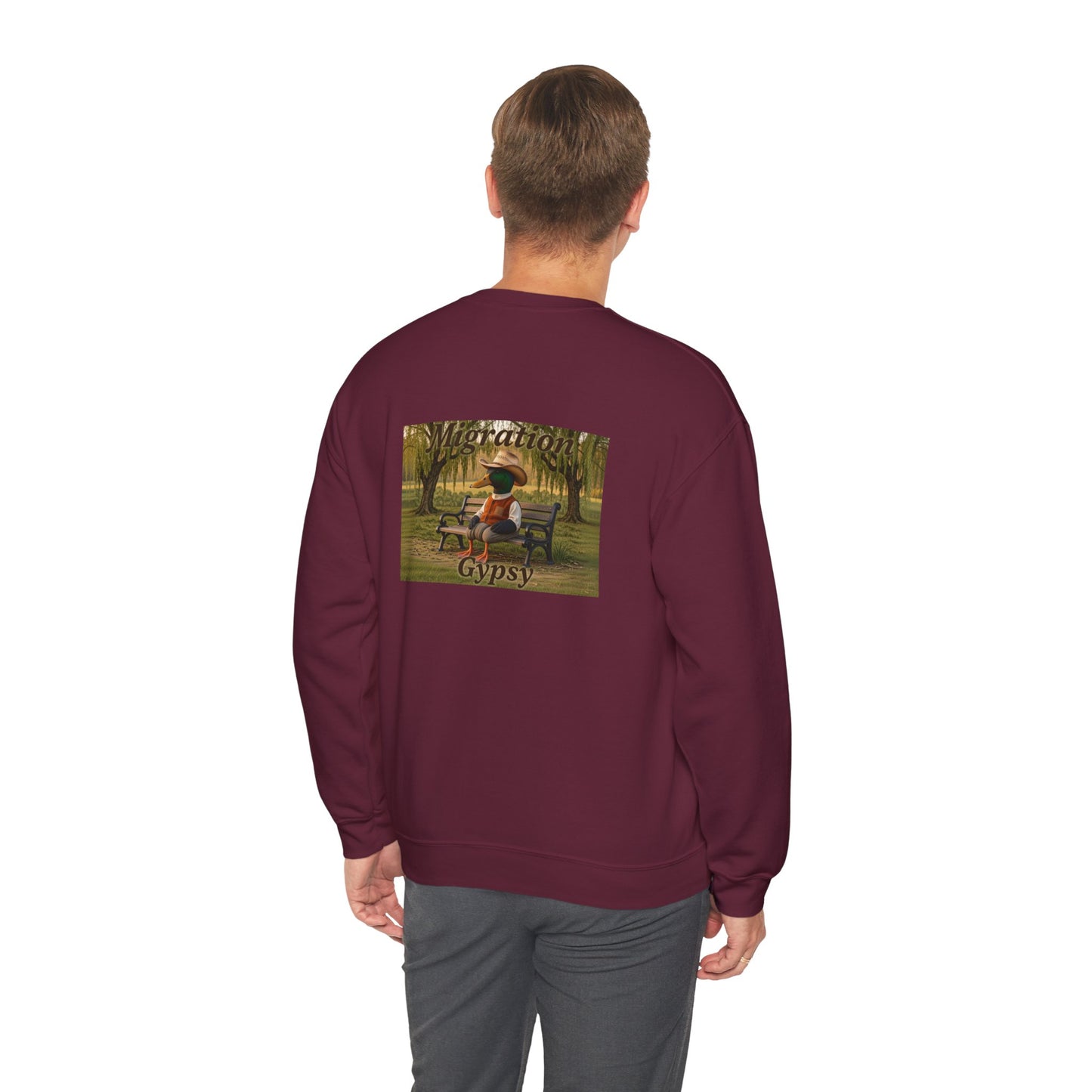 Unisex Migration Gypsy Sweatshirt | Park Bench Mossy Forest Scene