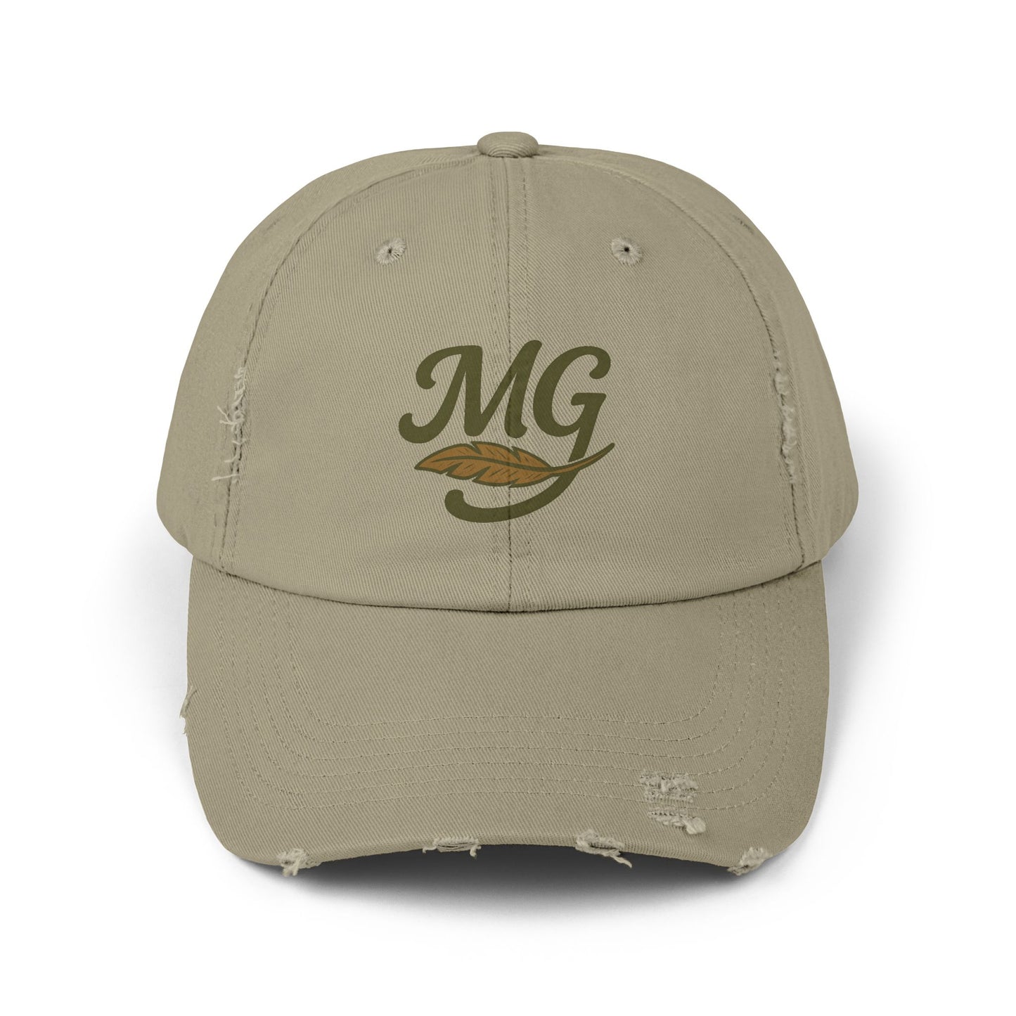 Distressed Black Cap with MG Logo & Feather — Vintage Casual Baseball Hat