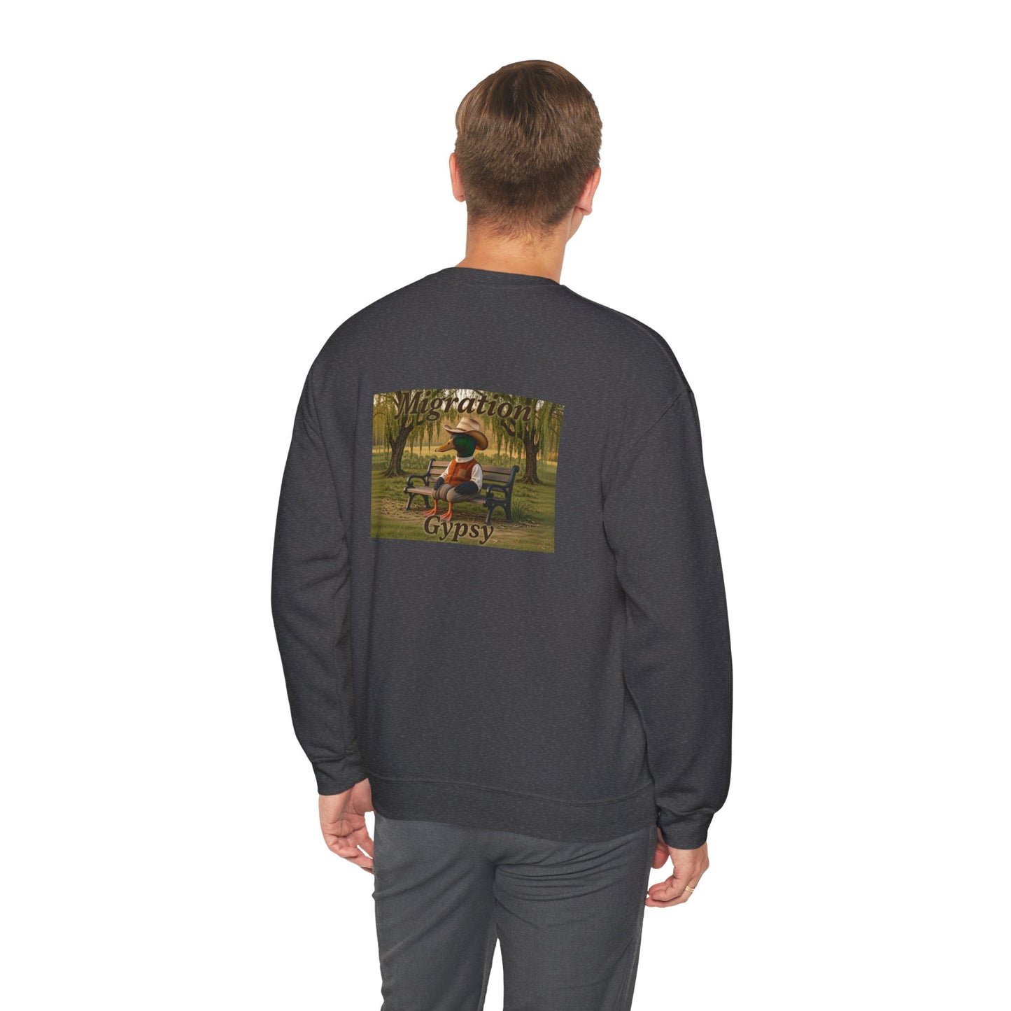 Unisex Migration Gypsy Sweatshirt | Park Bench Mossy Forest Scene