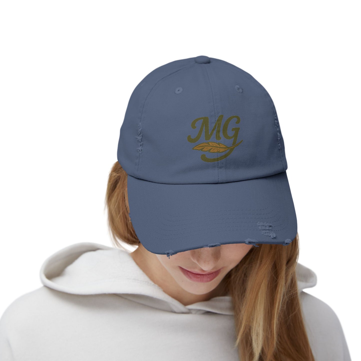 Distressed Black Cap with MG Logo & Feather — Vintage Casual Baseball Hat