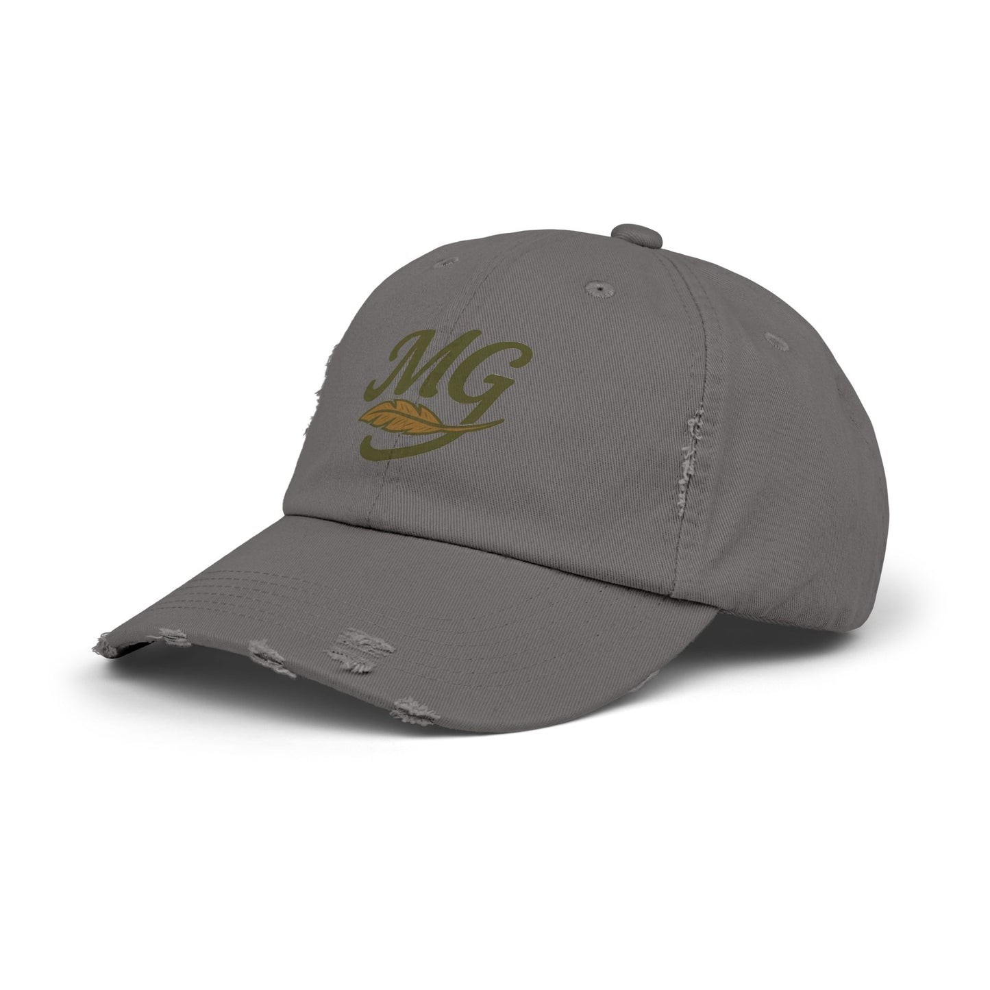 Distressed Black Cap with MG Logo & Feather — Vintage Casual Baseball Hat