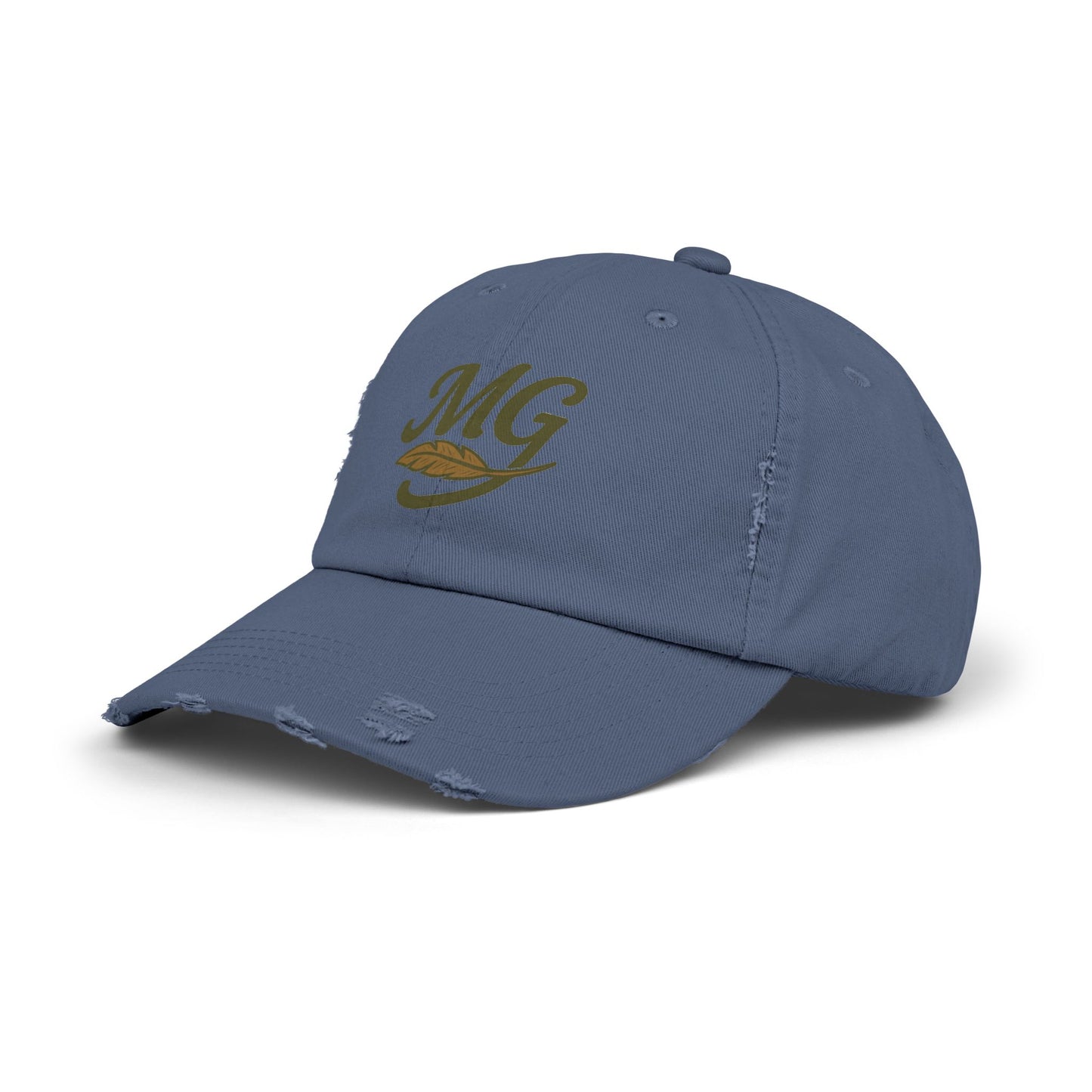 Distressed Black Cap with MG Logo & Feather — Vintage Casual Baseball Hat