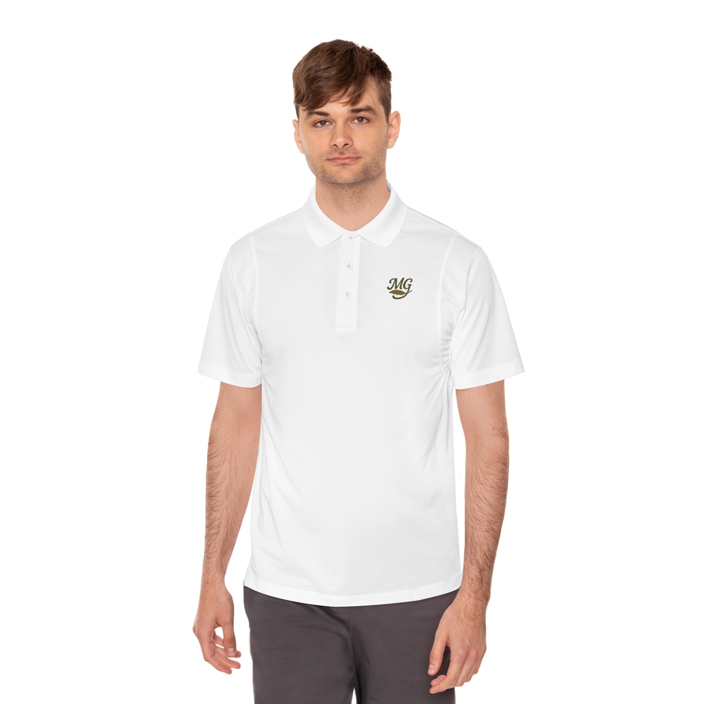 Men's White Sport Polo Shirt with Green "MG" Crest — Athletic Golf & Casual Wear