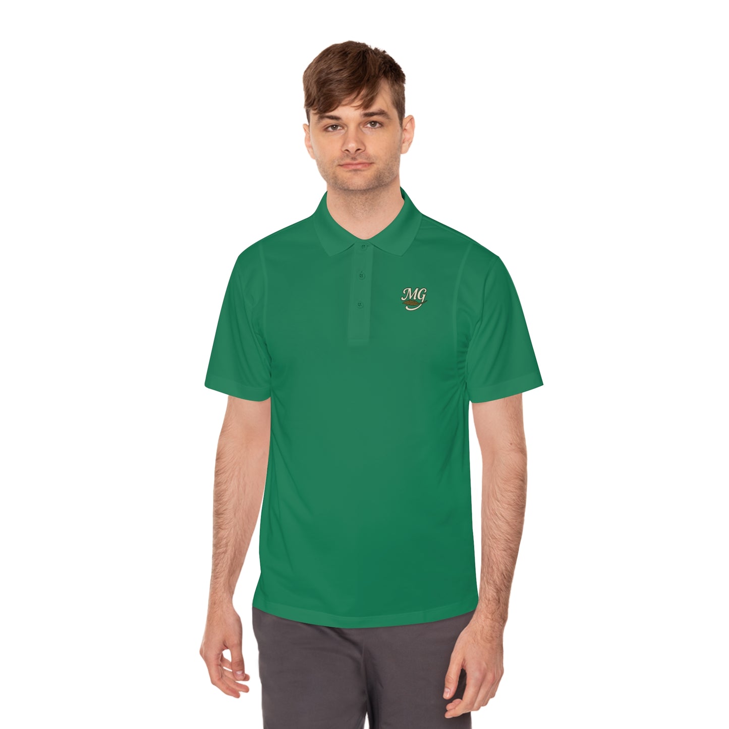 Men's White Sport Polo Shirt with Green "MG" Crest — Athletic Golf & Casual Wear