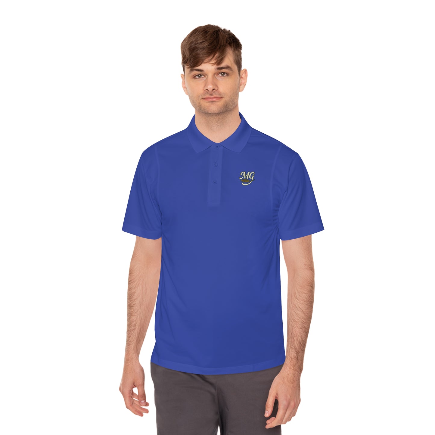 Men's White Sport Polo Shirt with Green "MG" Crest — Athletic Golf & Casual Wear