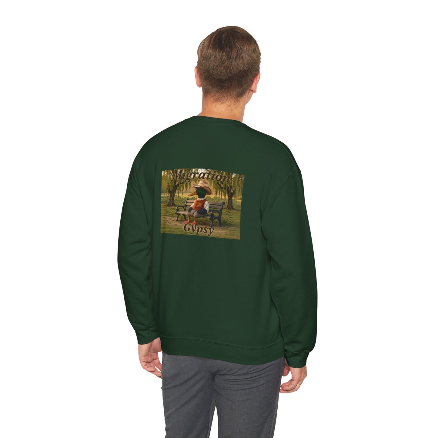 Unisex Migration Gypsy Sweatshirt | Park Bench Mossy Forest Scene