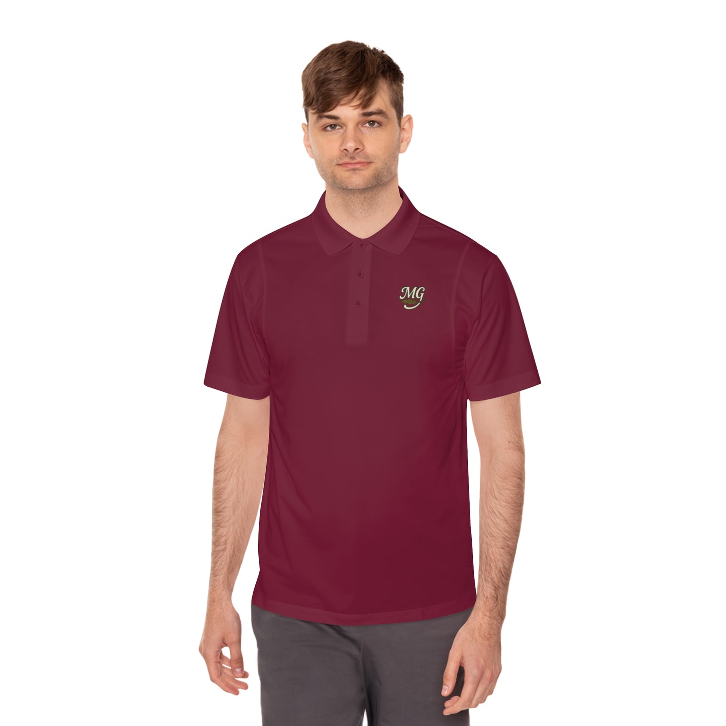 Men's White Sport Polo Shirt with Green "MG" Crest — Athletic Golf & Casual Wear