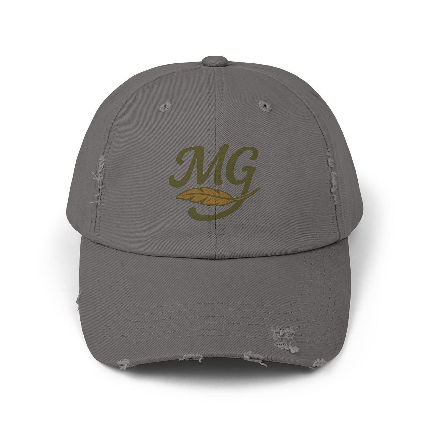 Distressed Black Cap with MG Logo & Feather — Vintage Casual Baseball Hat