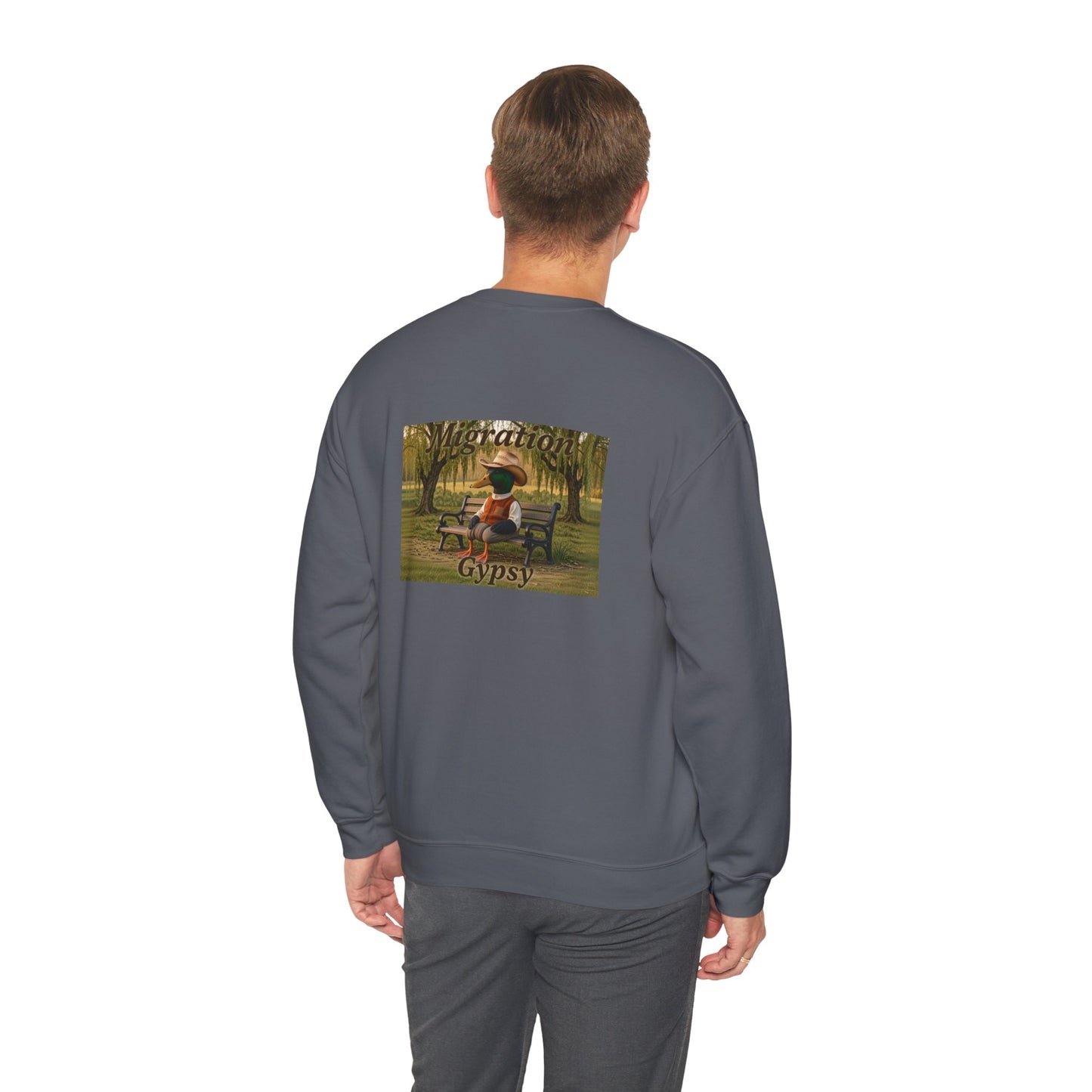 Unisex Migration Gypsy Sweatshirt | Park Bench Mossy Forest Scene