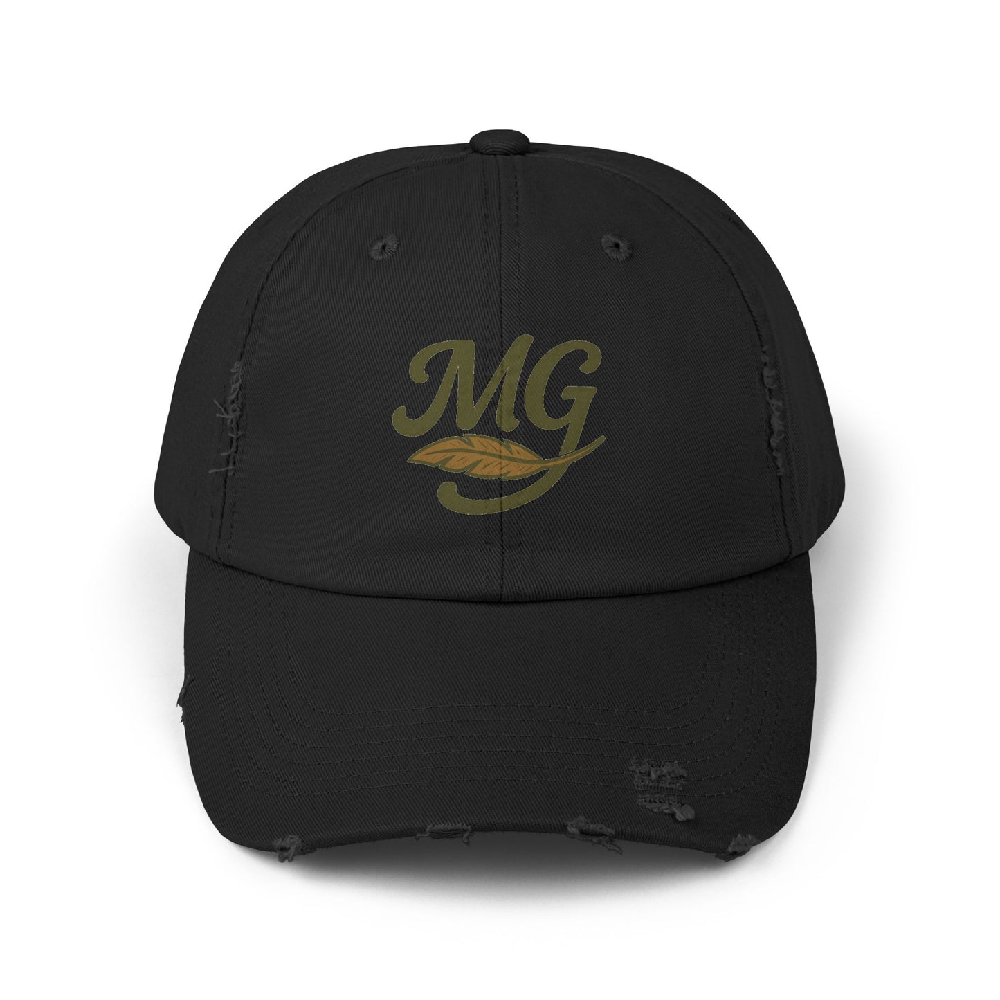 Distressed Black Cap with MG Logo & Feather — Vintage Casual Baseball Hat