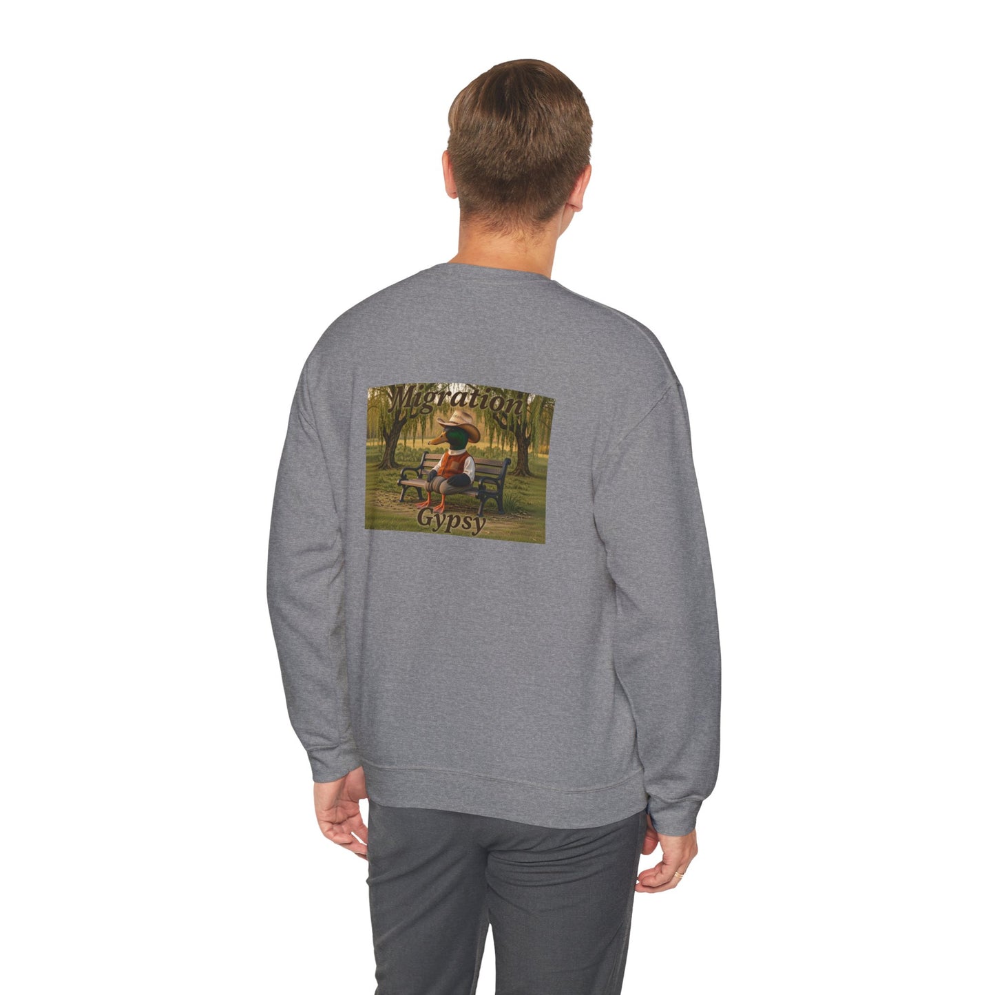 Unisex Migration Gypsy Sweatshirt | Park Bench Mossy Forest Scene