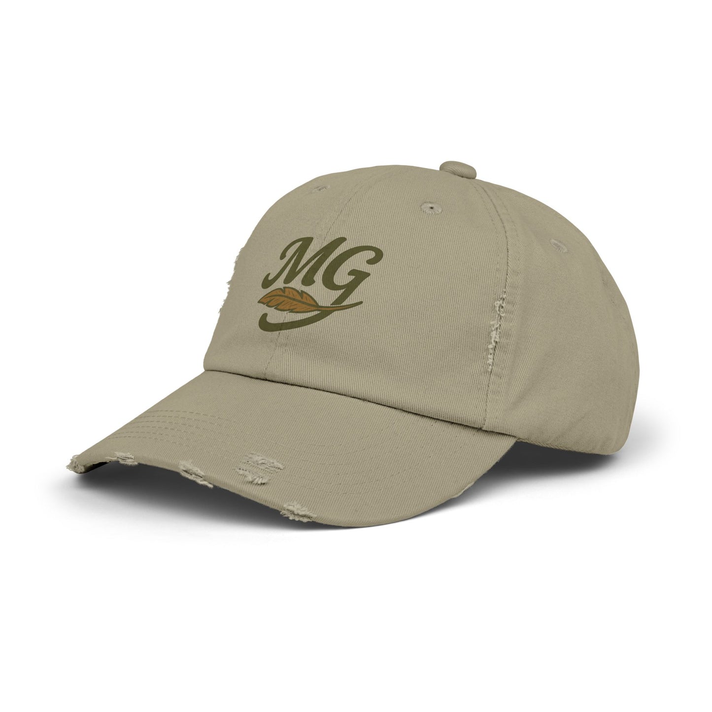 Distressed Black Cap with MG Logo & Feather — Vintage Casual Baseball Hat