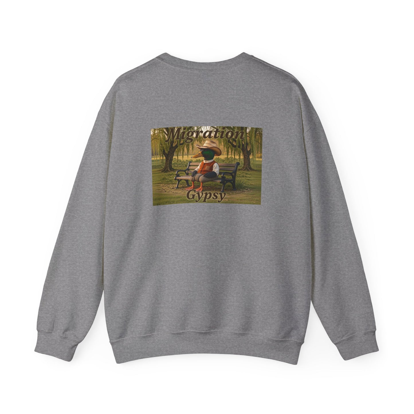 Unisex Migration Gypsy Sweatshirt | Park Bench Mossy Forest Scene