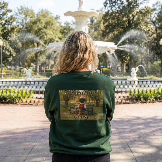 Unisex Migration Gypsy Sweatshirt | Park Bench Mossy Forest Scene
