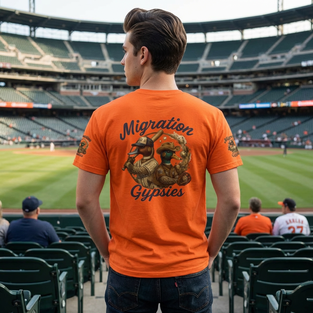 Migration Gypsies T‑Shirt — Front Baseball MG, Player Sleeves