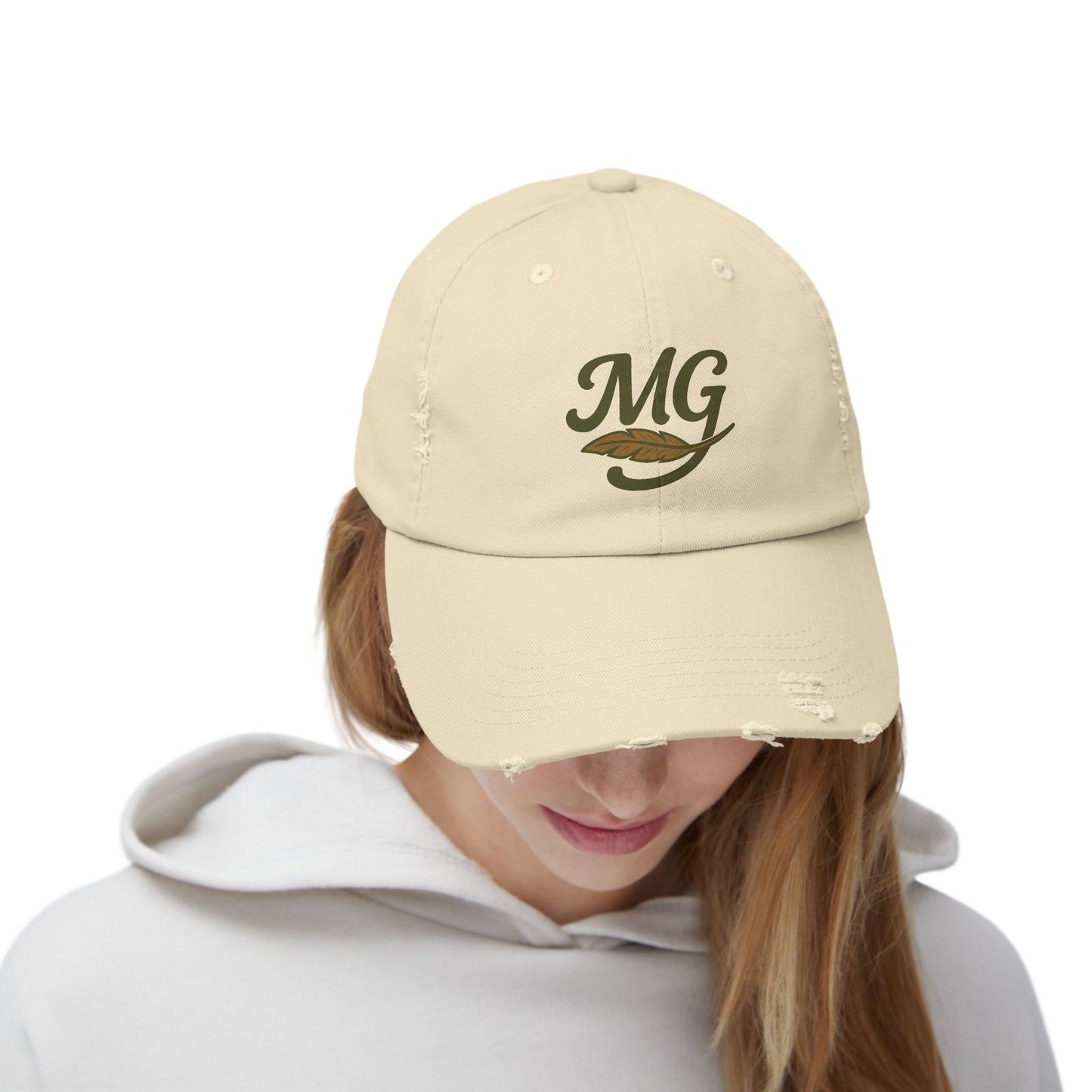 Distressed Black Cap with MG Logo & Feather — Vintage Casual Baseball Hat