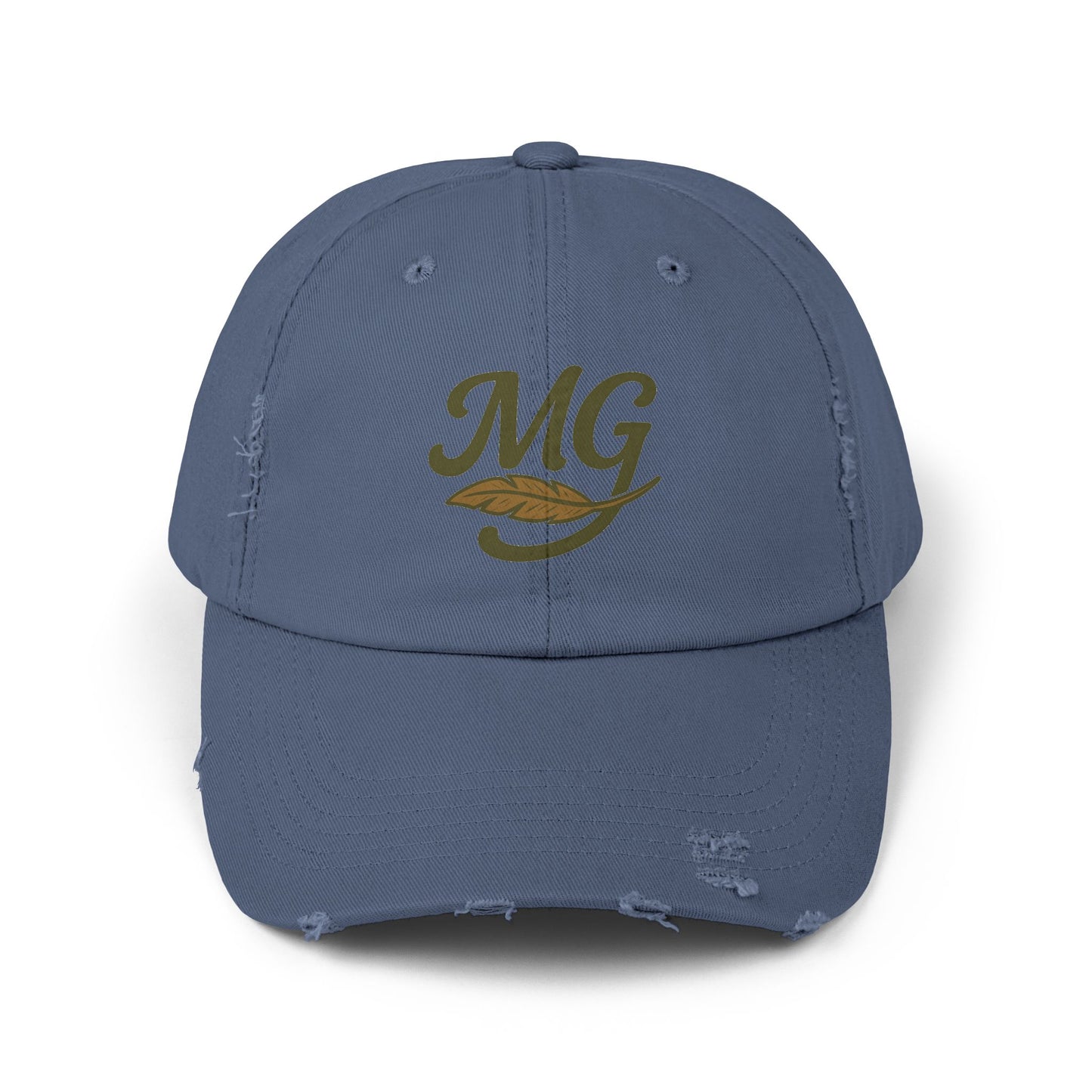 Distressed Black Cap with MG Logo & Feather — Vintage Casual Baseball Hat