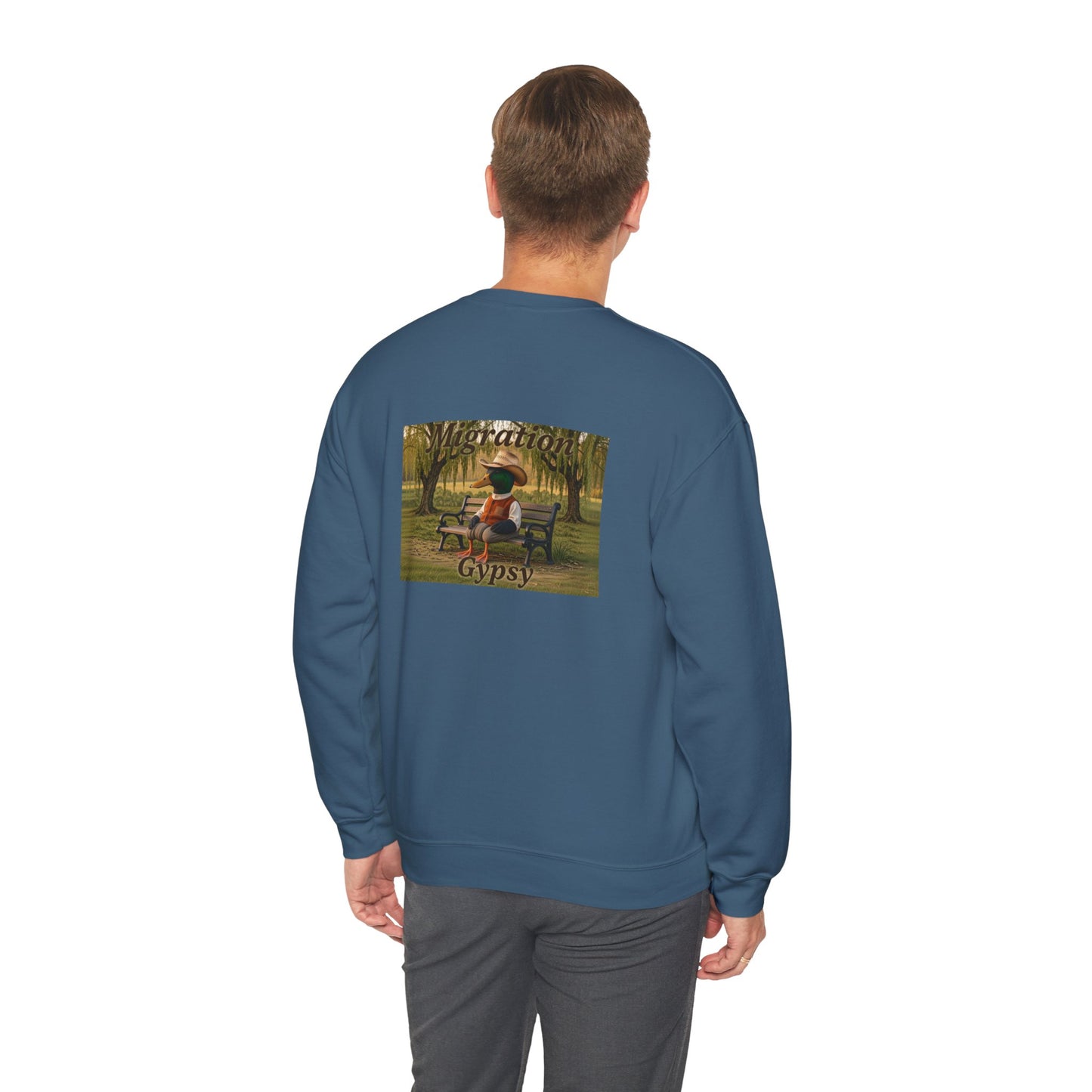 Unisex Migration Gypsy Sweatshirt | Park Bench Mossy Forest Scene