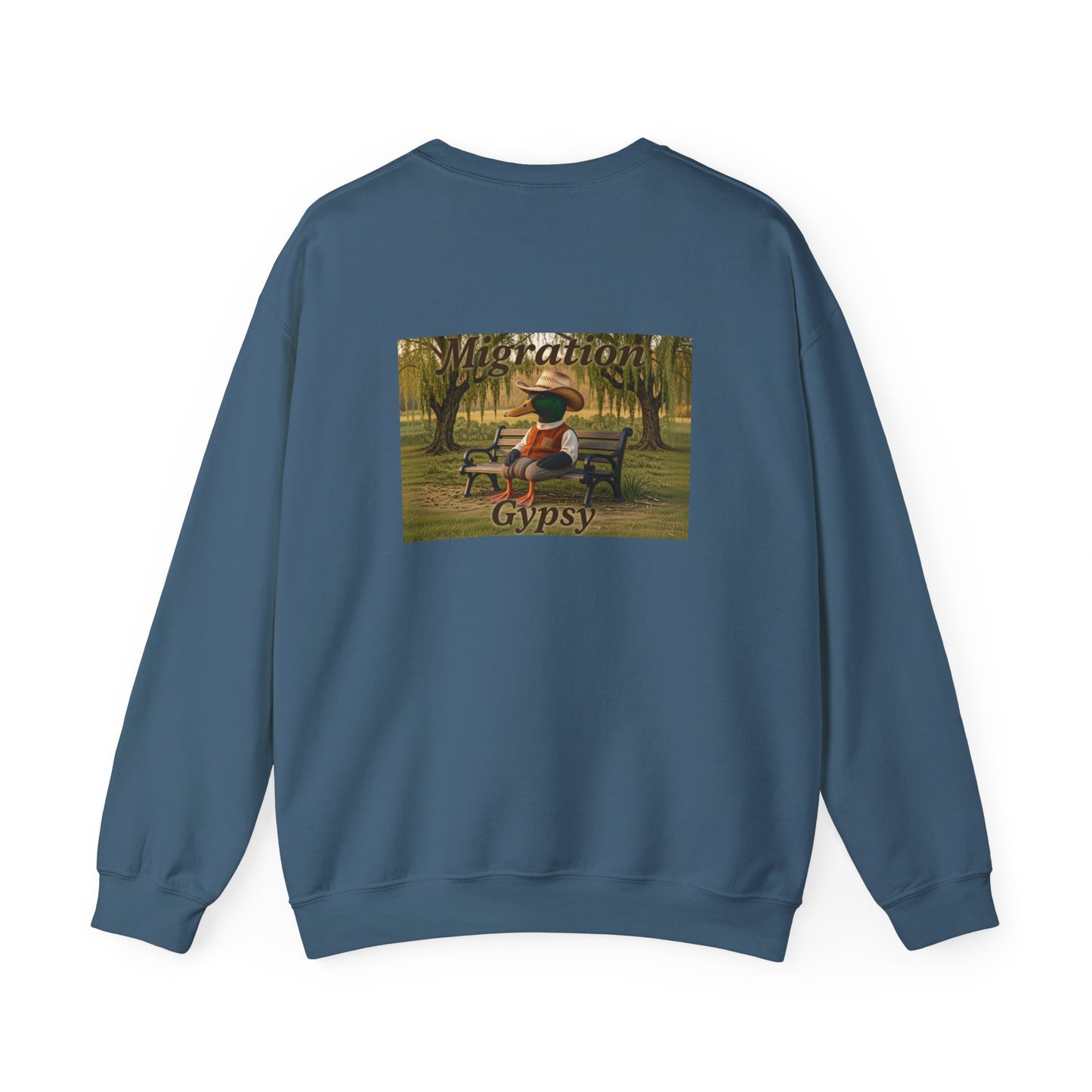 Unisex Migration Gypsy Sweatshirt | Park Bench Mossy Forest Scene