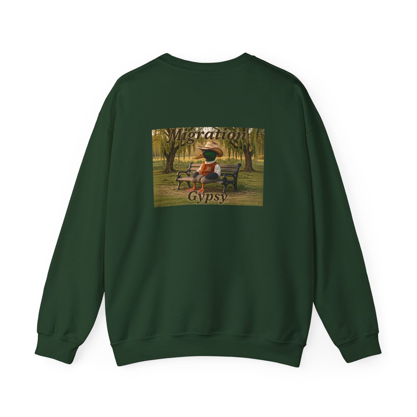 Unisex Migration Gypsy Sweatshirt | Park Bench Mossy Forest Scene