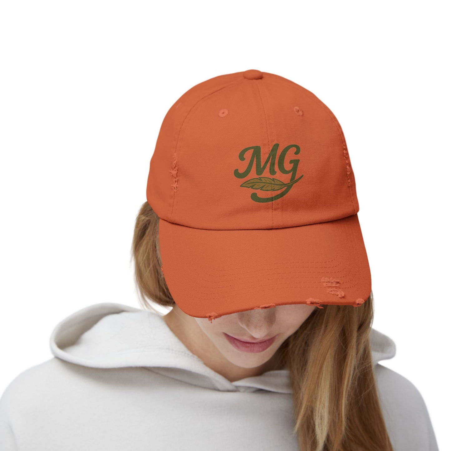 Distressed Black Cap with MG Logo & Feather — Vintage Casual Baseball Hat