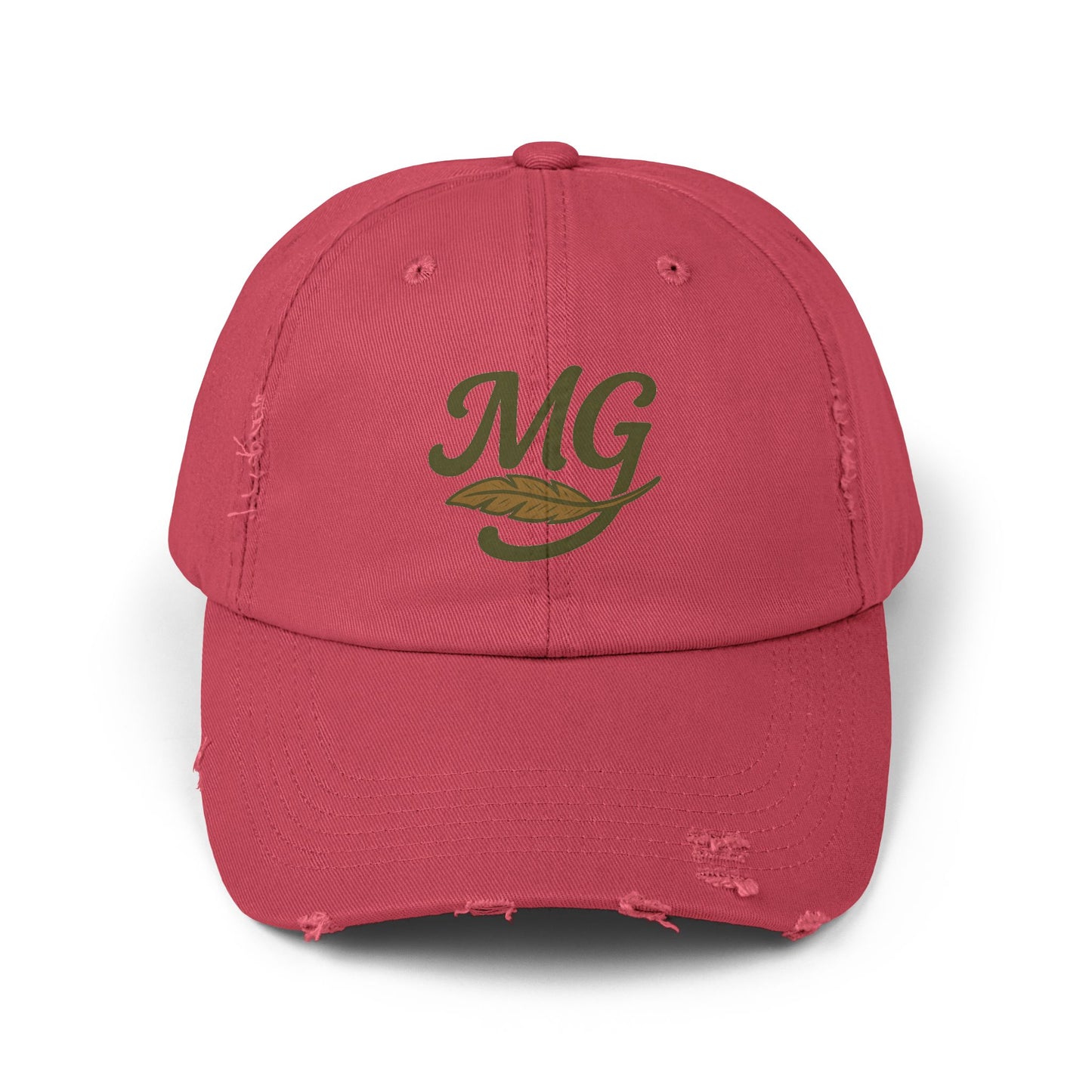 Distressed Black Cap with MG Logo & Feather — Vintage Casual Baseball Hat