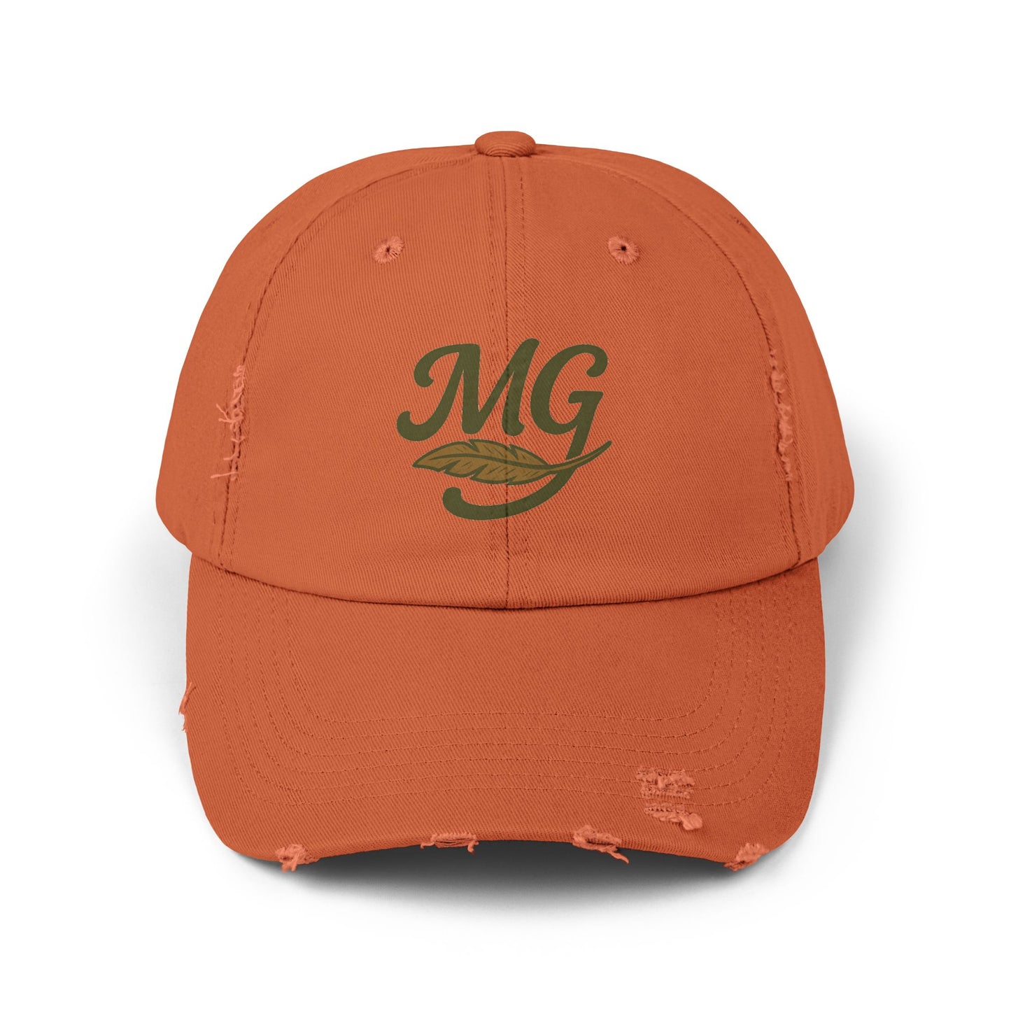 Distressed Black Cap with MG Logo & Feather — Vintage Casual Baseball Hat
