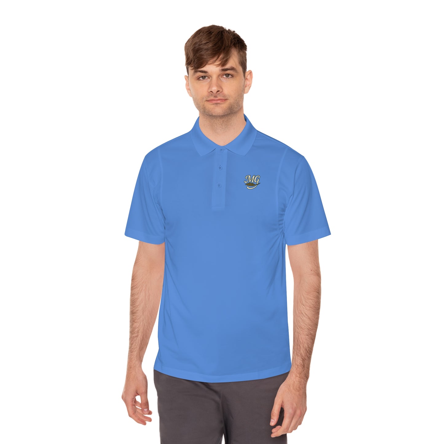 Men's White Sport Polo Shirt with Green "MG" Crest — Athletic Golf & Casual Wear