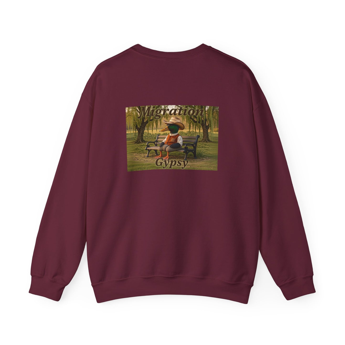Unisex Migration Gypsy Sweatshirt | Park Bench Mossy Forest Scene