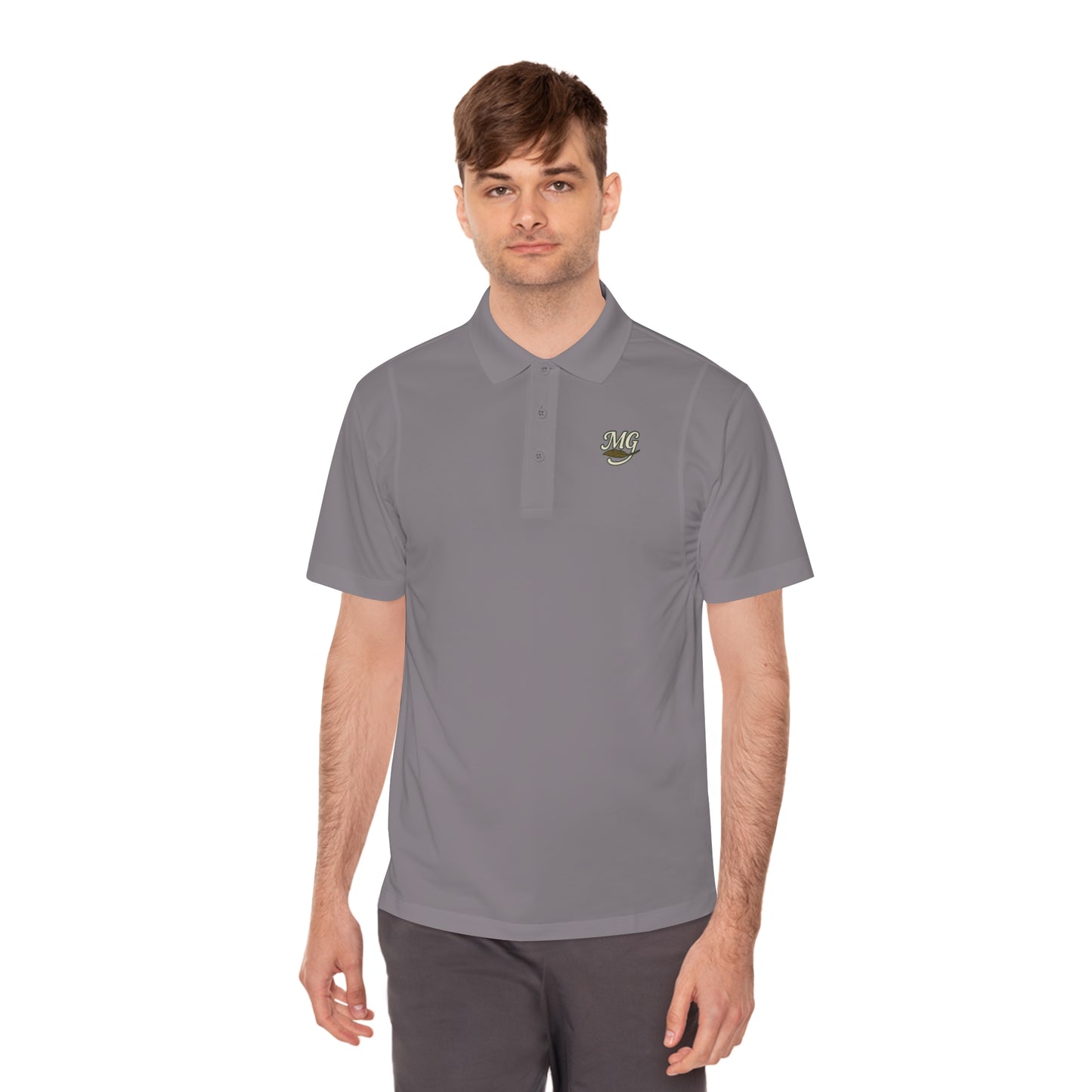 Men's White Sport Polo Shirt with Green "MG" Crest — Athletic Golf & Casual Wear