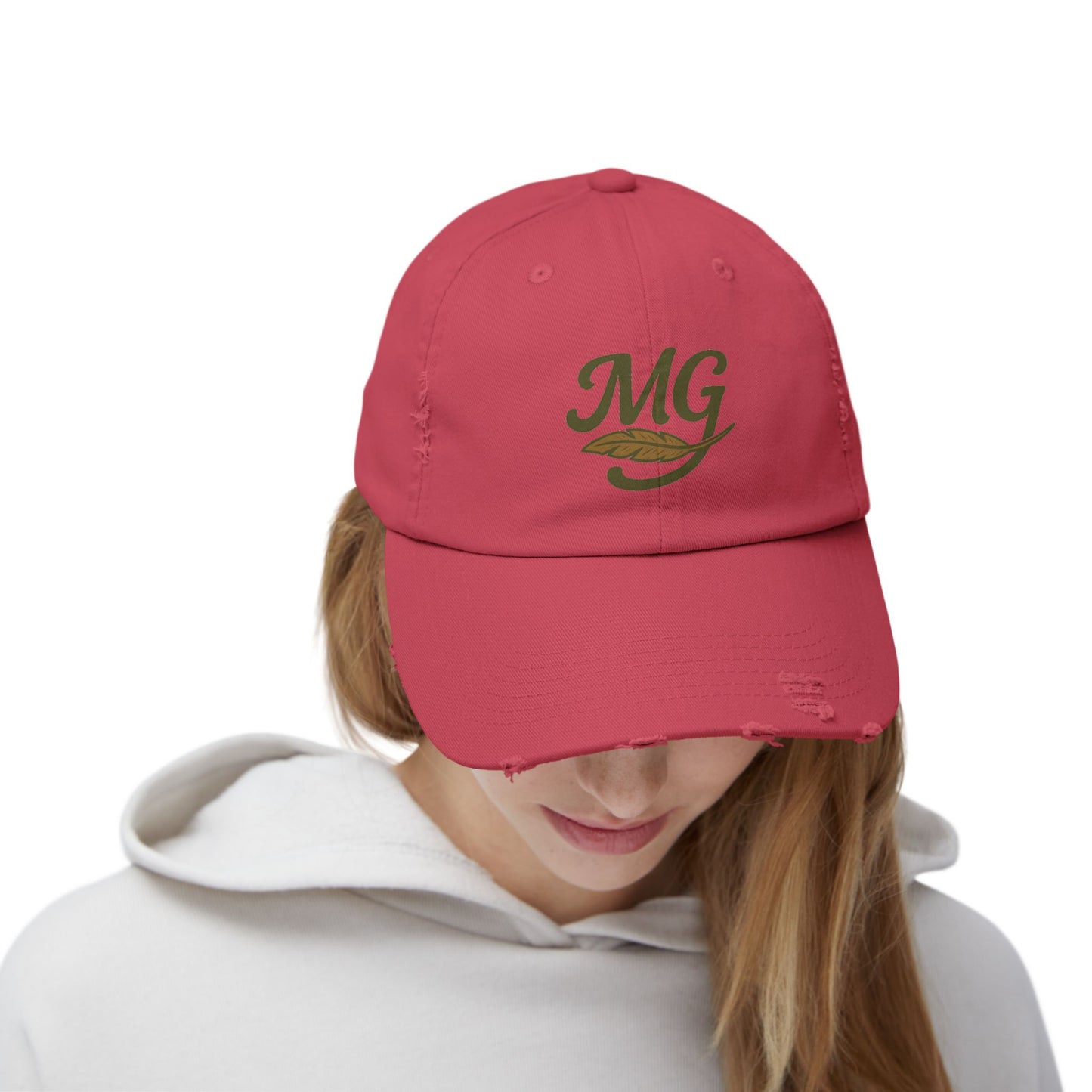 Distressed Black Cap with MG Logo & Feather — Vintage Casual Baseball Hat