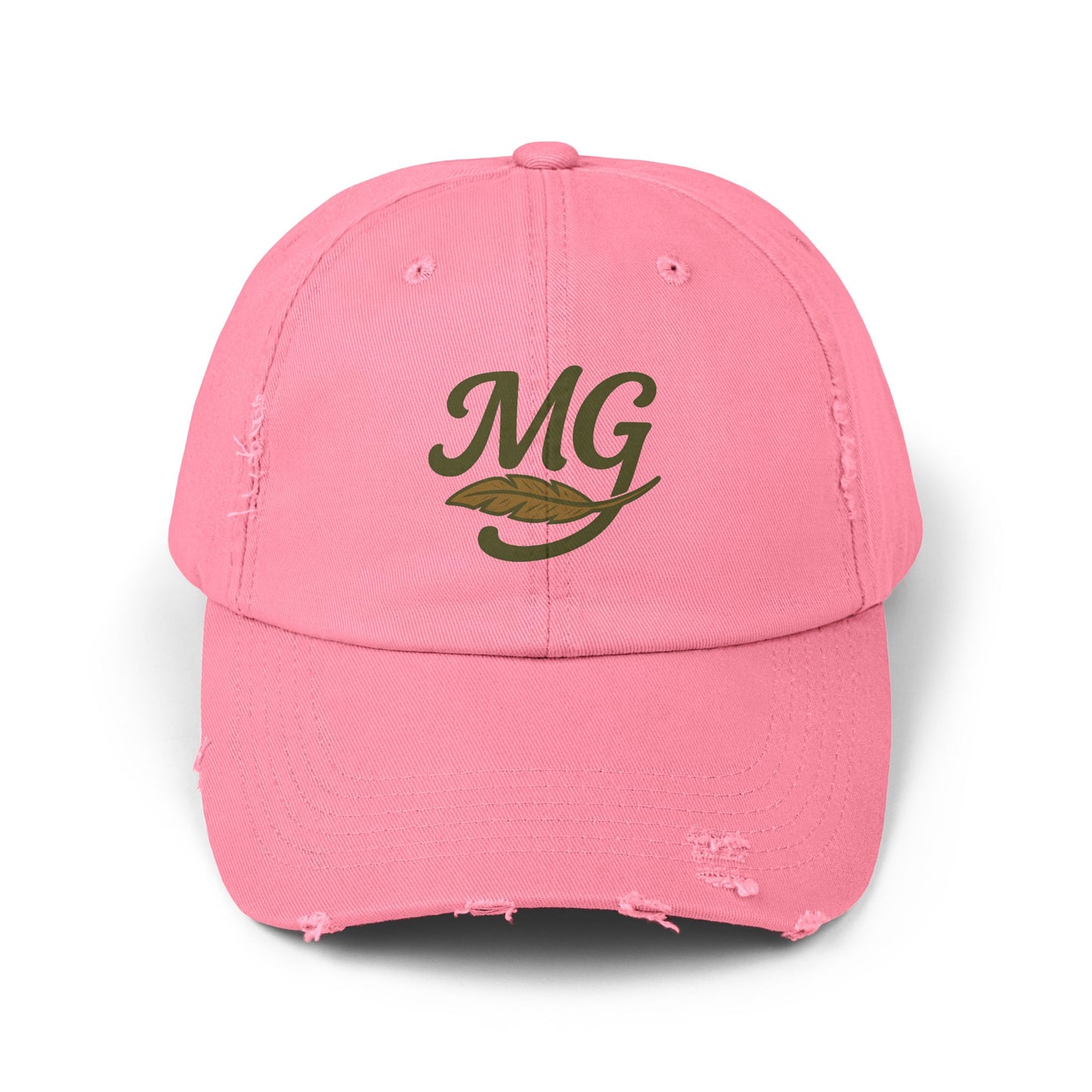 Distressed Black Cap with MG Logo & Feather — Vintage Casual Baseball Hat