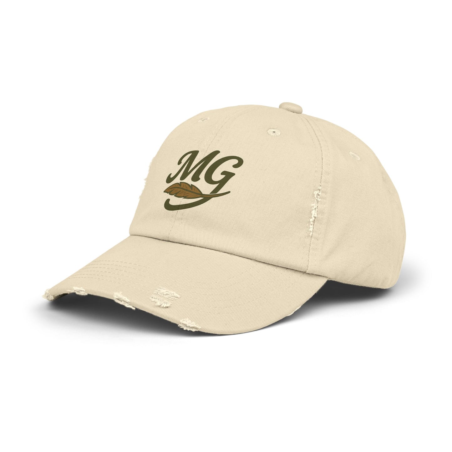 Distressed Black Cap with MG Logo & Feather — Vintage Casual Baseball Hat