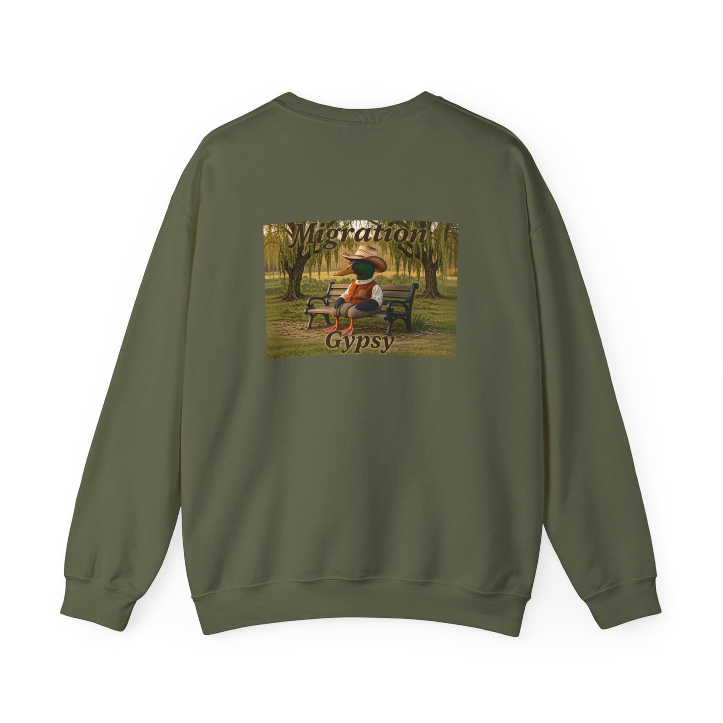 Unisex Migration Gypsy Sweatshirt | Park Bench Mossy Forest Scene