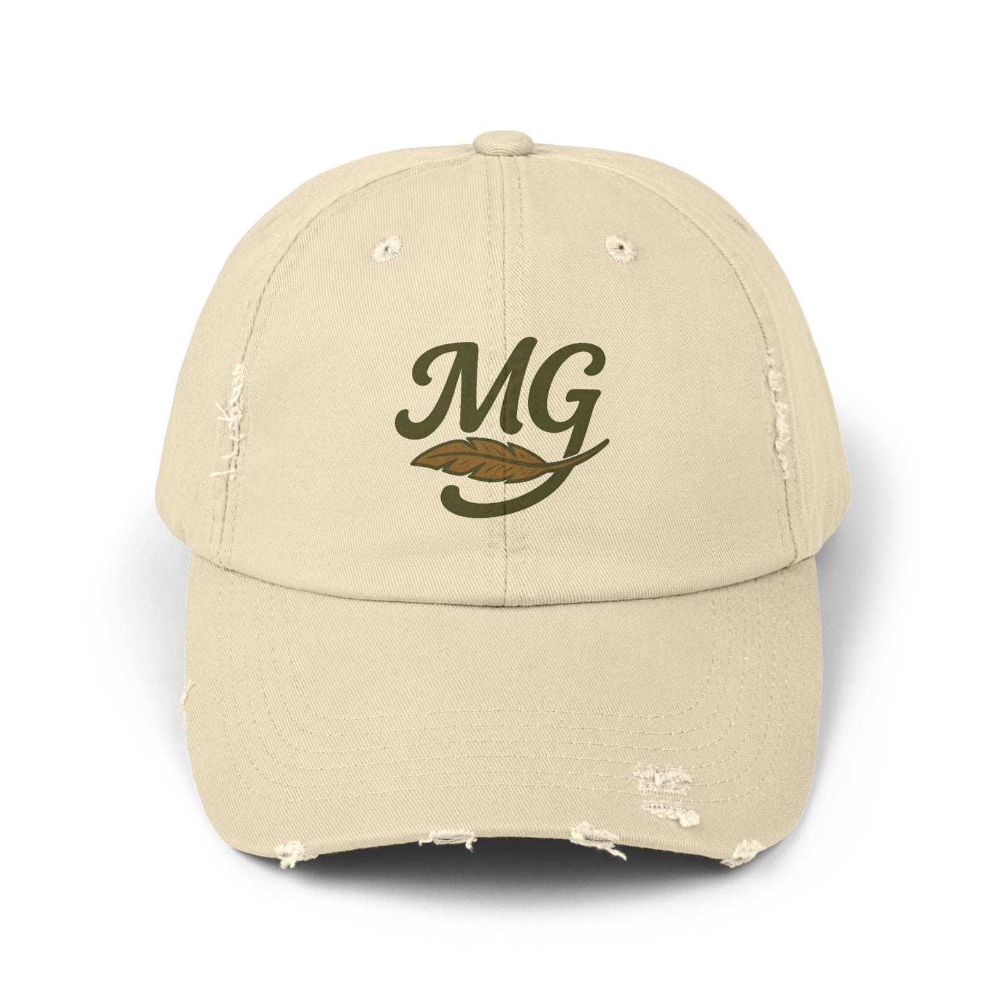 Distressed Black Cap with MG Logo & Feather — Vintage Casual Baseball Hat