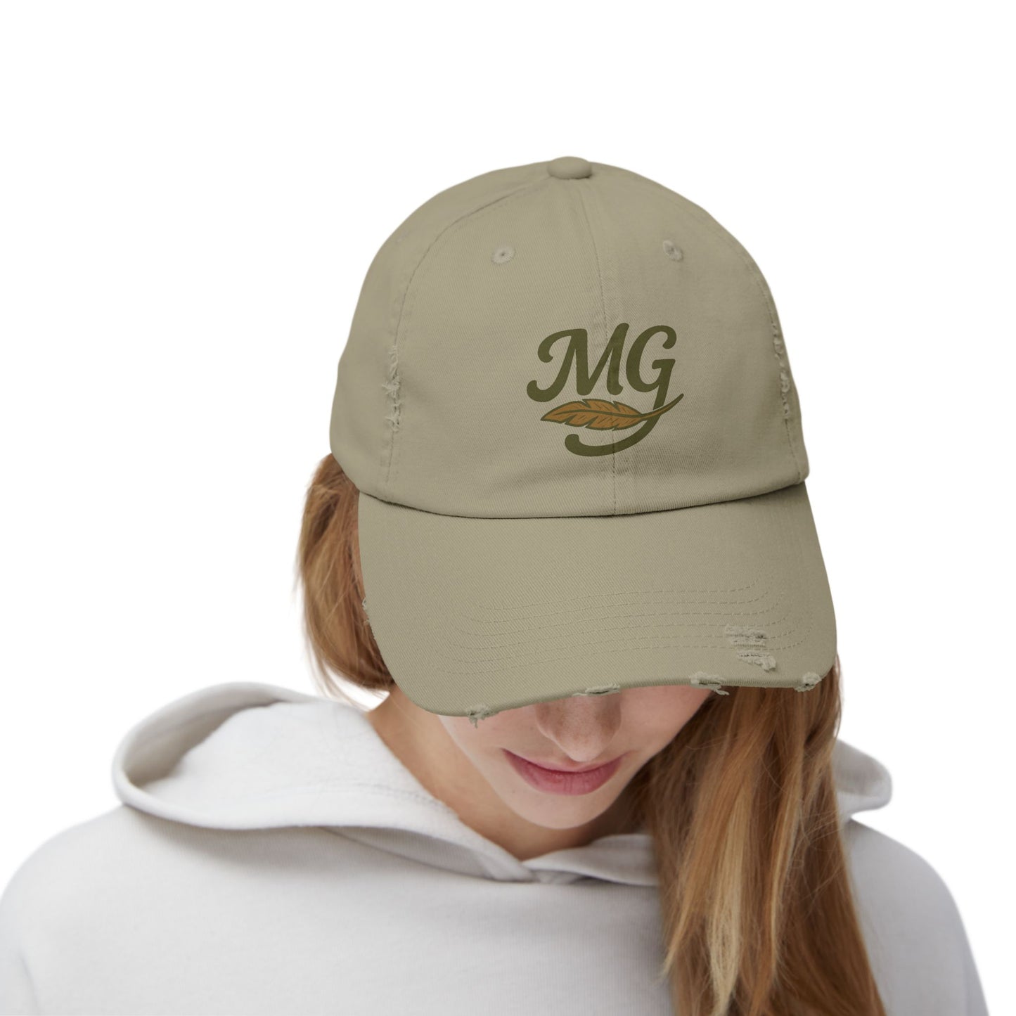 Distressed Black Cap with MG Logo & Feather — Vintage Casual Baseball Hat