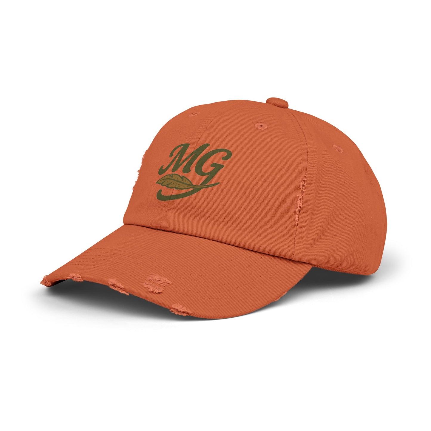 Distressed Black Cap with MG Logo & Feather — Vintage Casual Baseball Hat